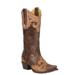 OLD GRINGO for Cavender's Chocolate/Tan Overlay Scroll Fleur Studded Boots 6B